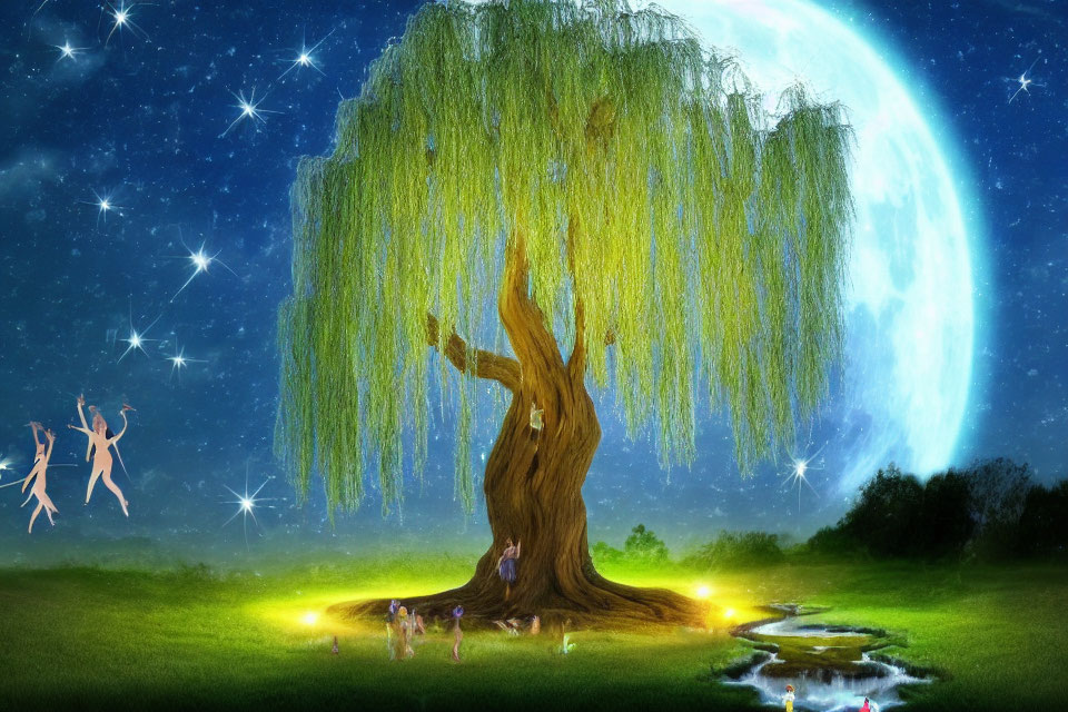 Enchanting night scene with glowing willow tree, fairies, stars, moon, and serene
