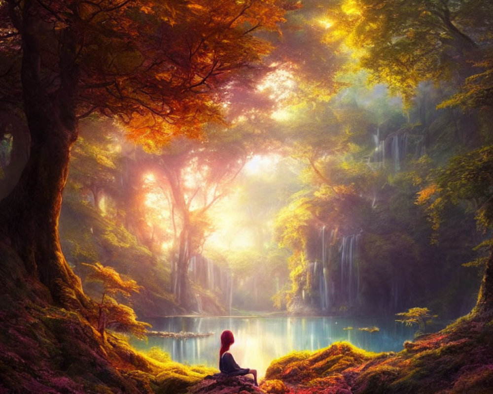 Tranquil scene of a person by a serene lake in an ethereal forest
