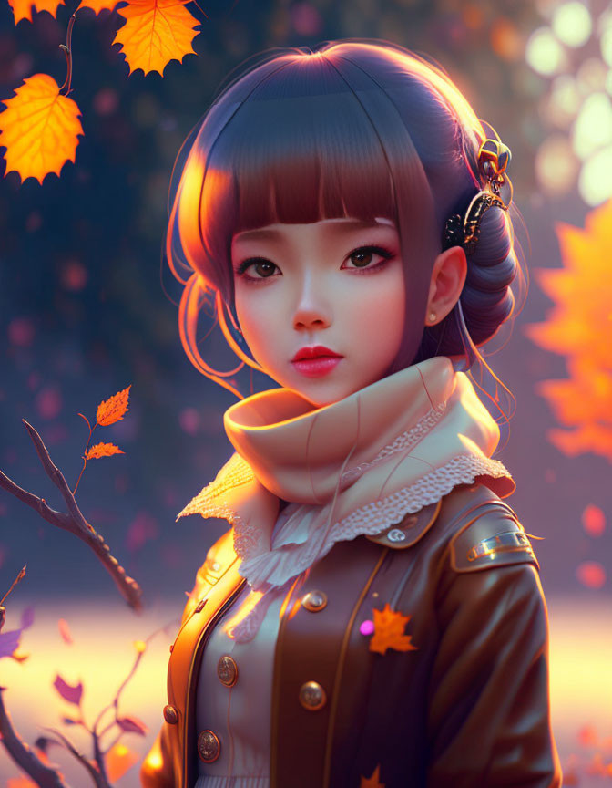 Illustrated girl with bobbed hair and large eyes in autumn setting