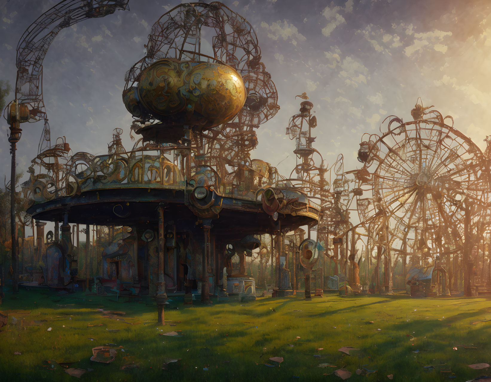 Abandoned amusement park with rusting carousel and Ferris wheels in serene forest setting