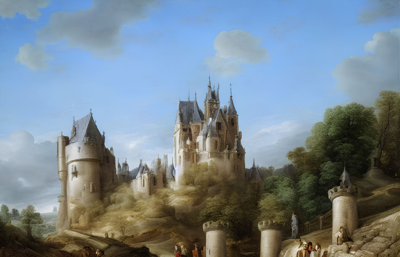 Medieval castle landscape with stone bridge and blue sky