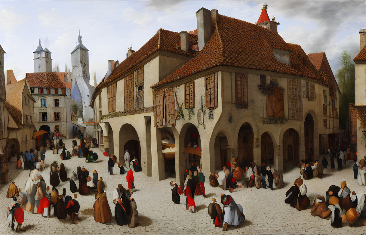 Medieval village scene with townsfolk in period attire and cobblestone streets