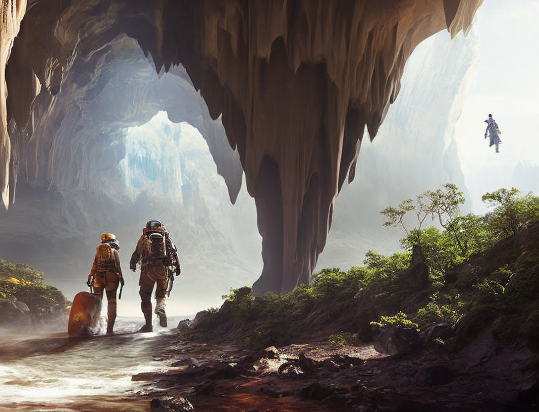 Astronauts exploring cavern with floating figure in sunlit environment