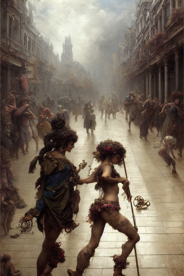 Fantastical street scene with classical figures dancing under dramatic sky