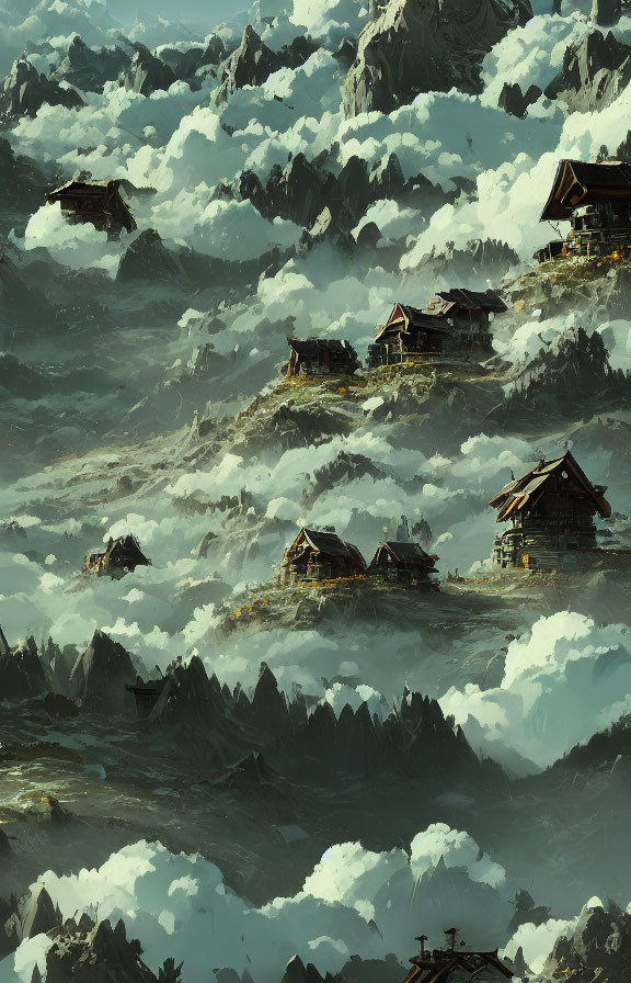 Scenic mountain landscape with mist and wooden houses on rocky peaks