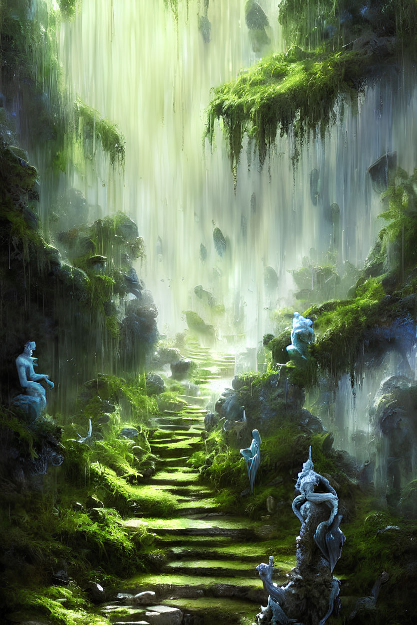 Enchanting forest with sunbeams, stone pathway, moss-covered trees, and blue statues