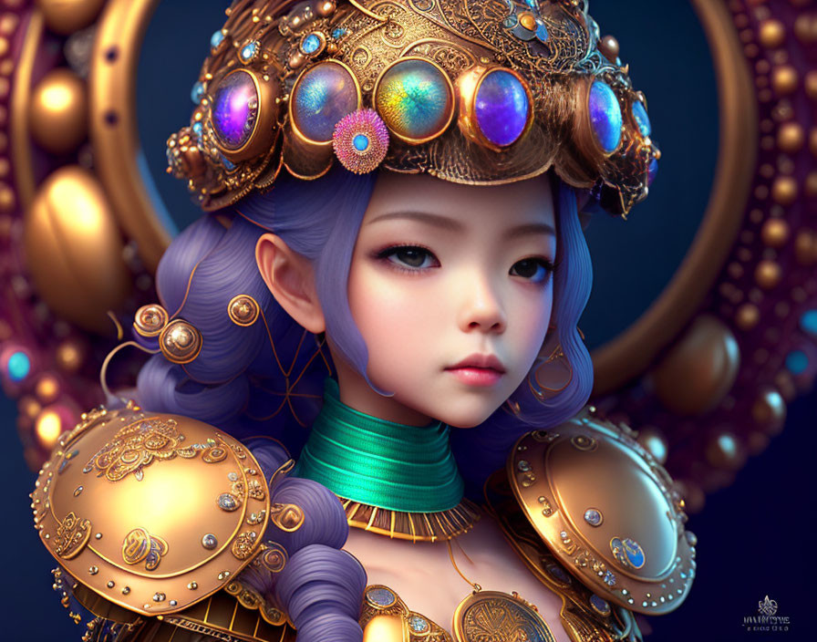 Fantasy digital artwork of female character with violet hair and golden peacock feather armor on navy blue background