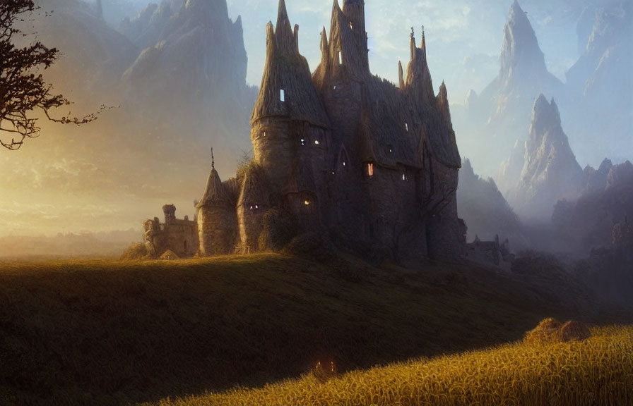 Stone castle in serene golden field with mountains in sunrise glow