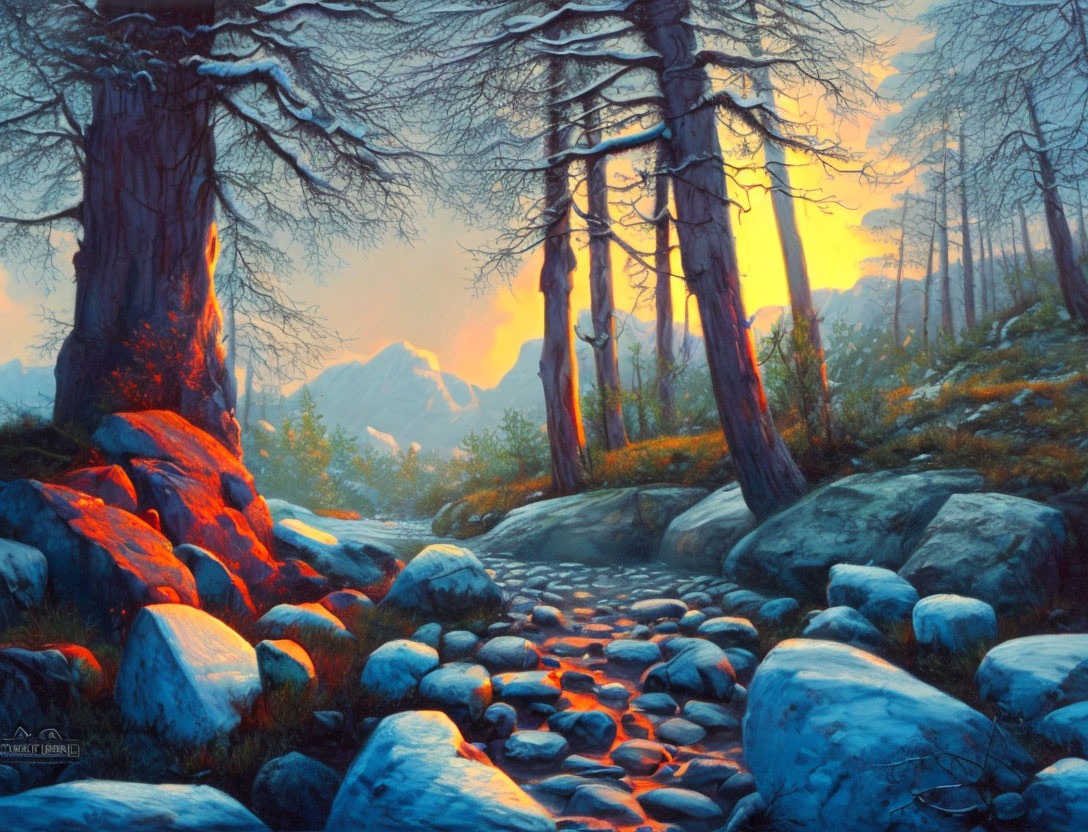 Tranquil forest landscape with tall trees, stone path, and glowing sunset.