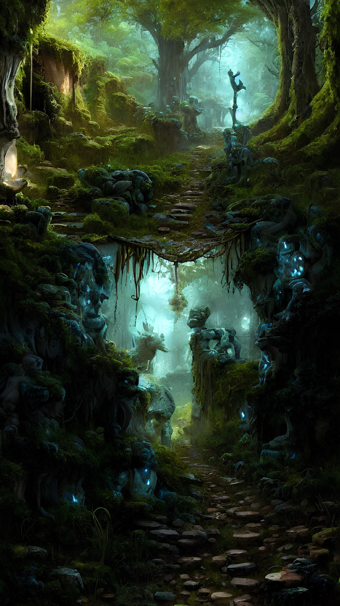 Enchanting forest scene with stone path, glowing blue lights, and mysterious figure.
