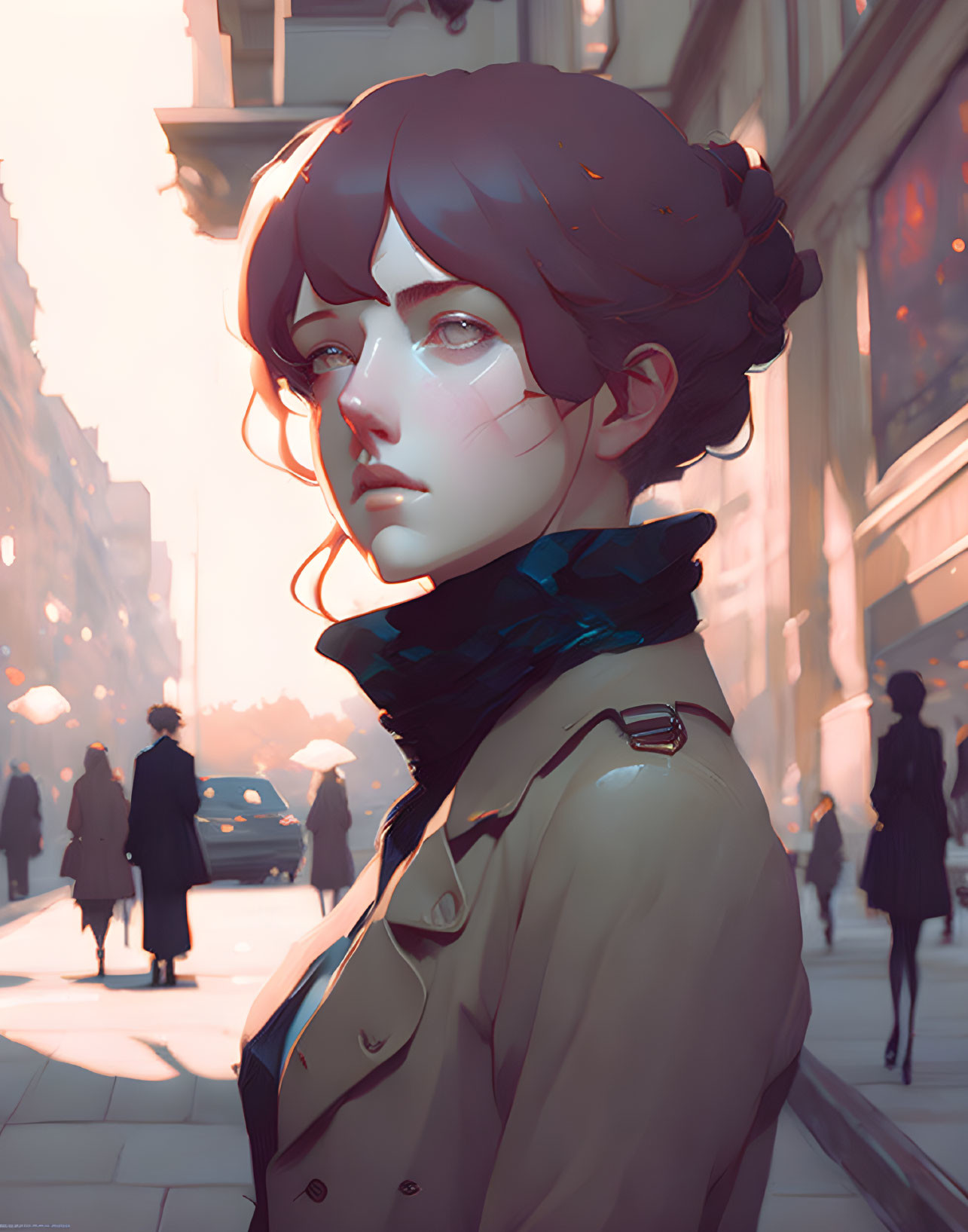 Stylized digital artwork of young woman in cityscape at sunset