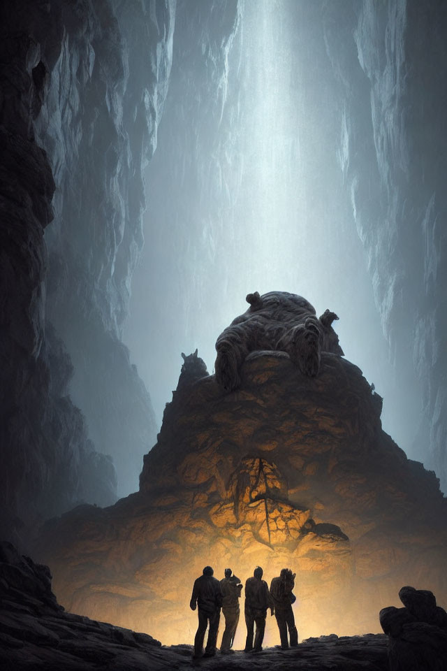 Group of explorers in cave with towering rock formation and mysterious creature