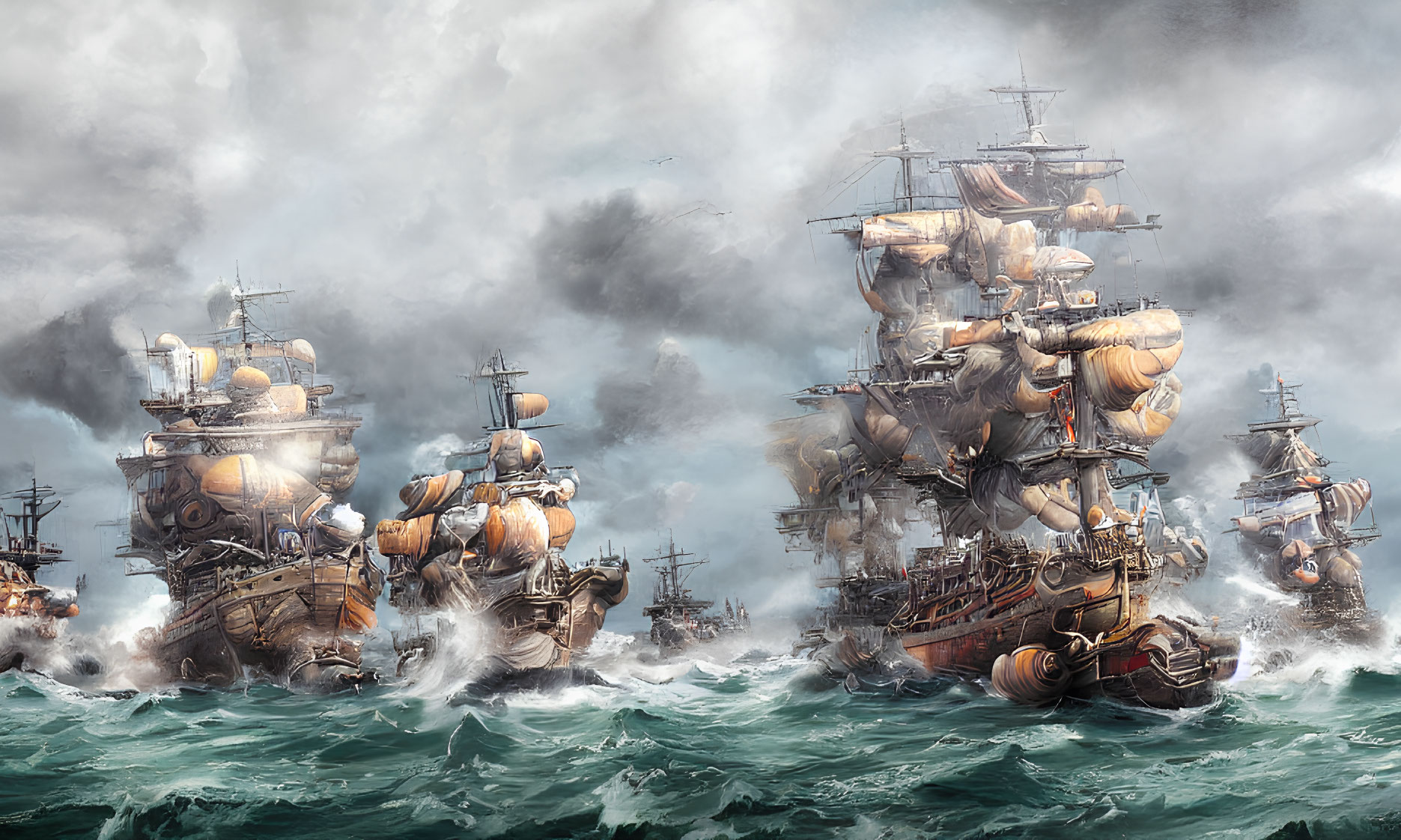 Historic naval battle scene with tall ships in tumultuous seas