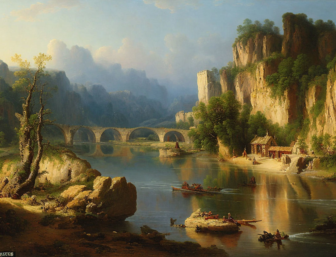 Tranquil landscape painting with river, boats, stone bridge, cliffs, cottage, and hazy