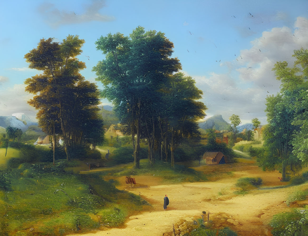 Tranquil landscape painting of lush countryside with trees, pathway, hut, and mountains under bright sky