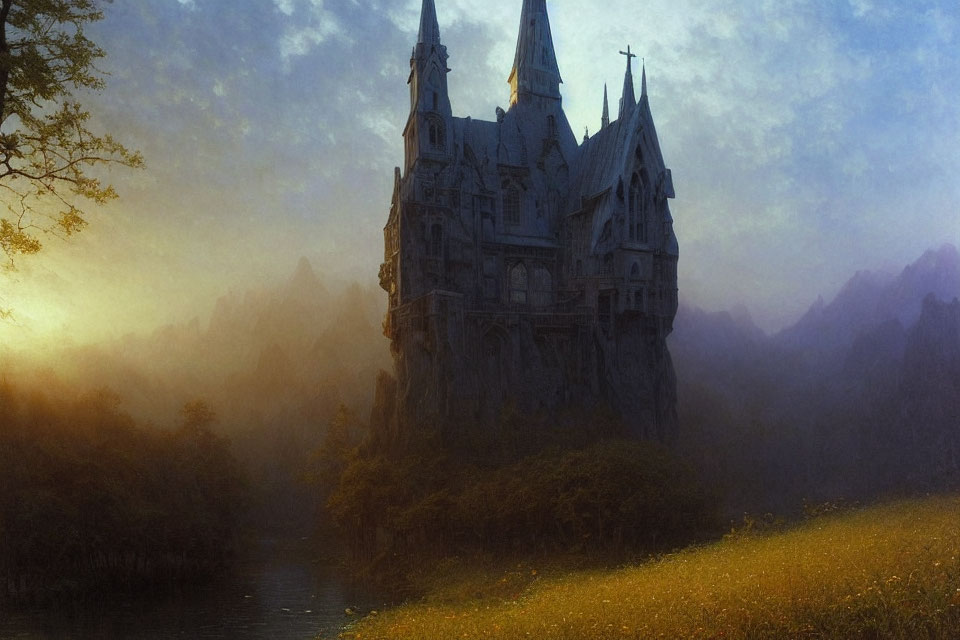 Ethereal gothic castle in misty landscape with river, mountains, and dim sky