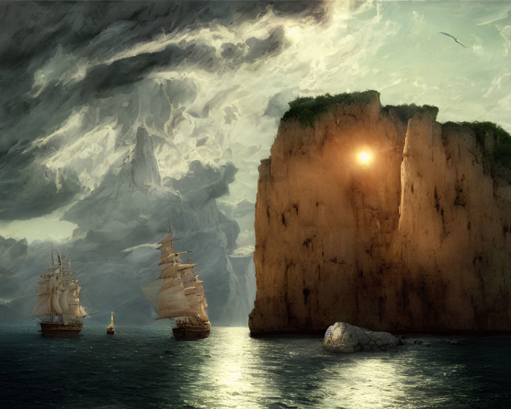 Tall ships near cliff with cave under dramatic sky