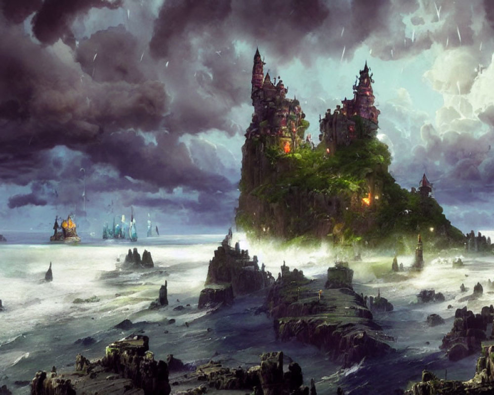 Majestic castle on hill by turbulent sea with approaching ships