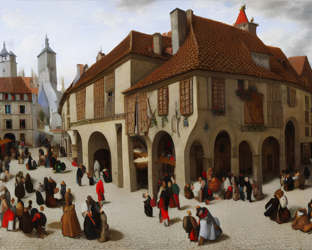 Medieval village scene with townsfolk in period attire and cobblestone streets