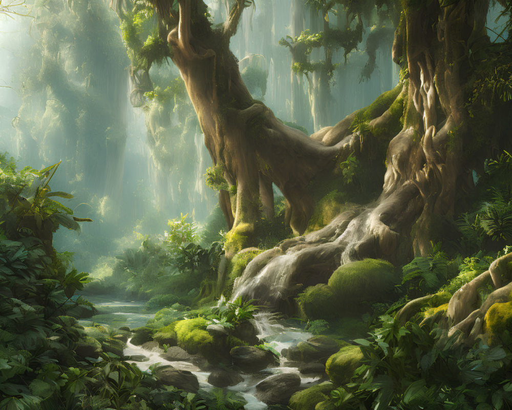 Ethereal forest scene with sunlight, twisted tree, waterfall, moss-covered rocks