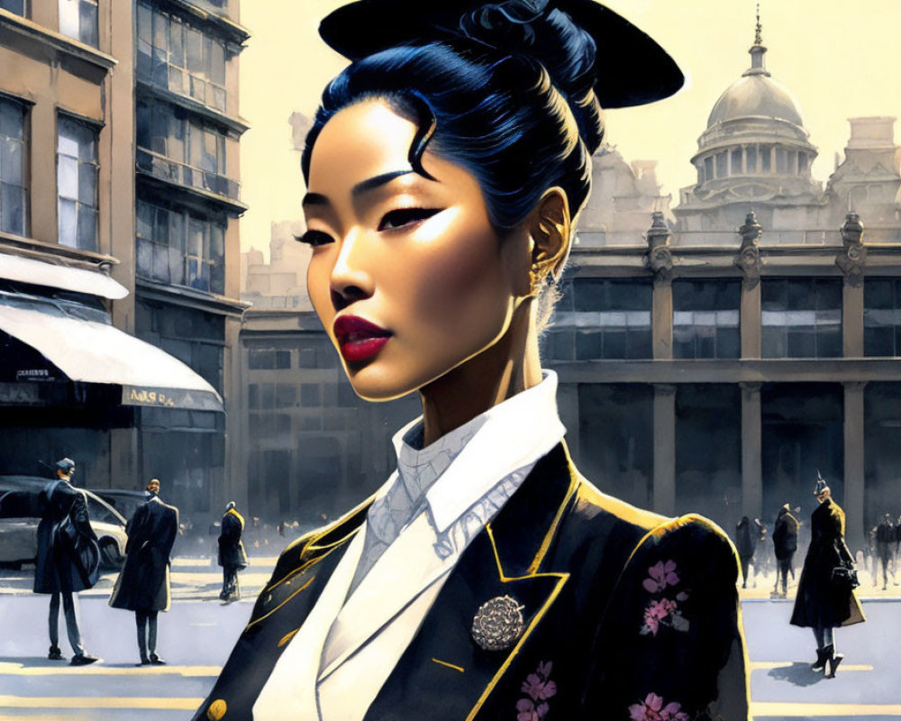 Illustrated portrait of woman in elegant updo and traditional attire in urban setting