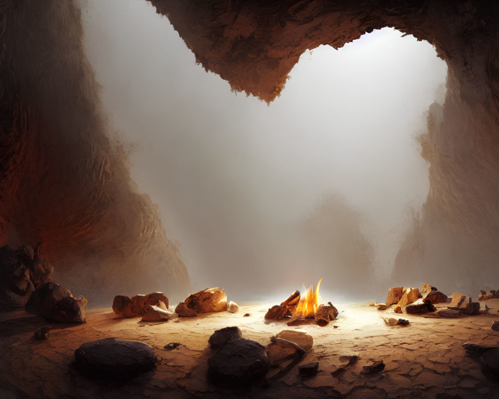 Dimly Lit Cave with Heart-Shaped Opening and Glowing Campfire