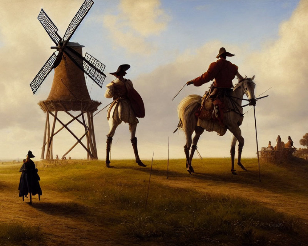 Rural landscape painting with figures near windmill