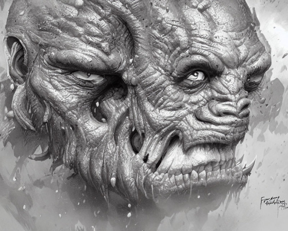 Detailed black and white illustration of monstrous face with textured skin, multiple eyes, and sharp teeth