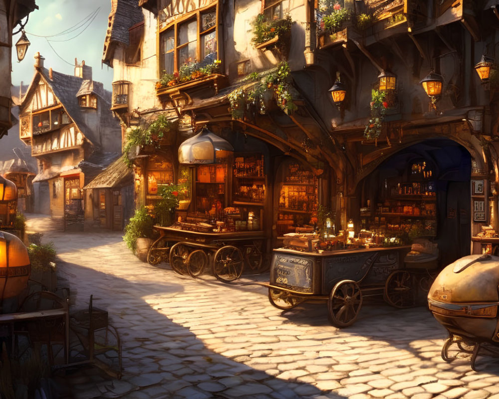 Cobblestone street scene at dusk with vintage stalls and warmly lit street lamps