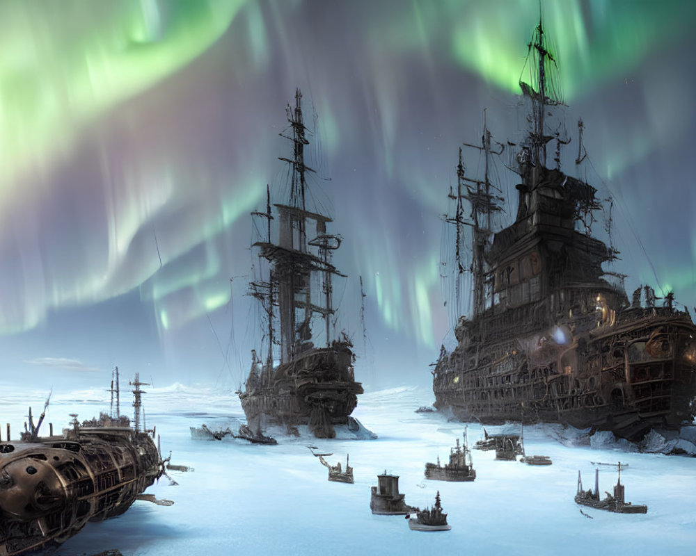 Historic sailing ships and a submarine frozen in ice under a colorful night sky.