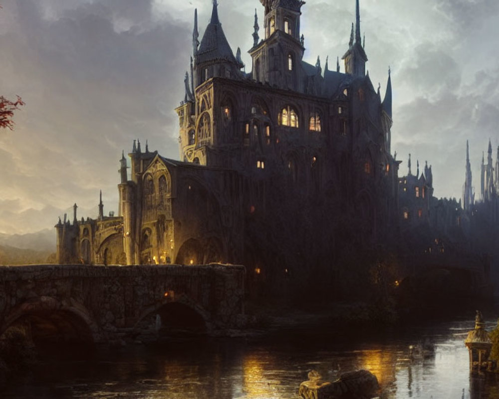 Gothic castle at twilight with spires, arched bridge, and mystical landscape.