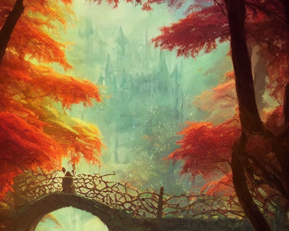 Mystical autumn forest with stone bridge, red leaves, and castle in mist