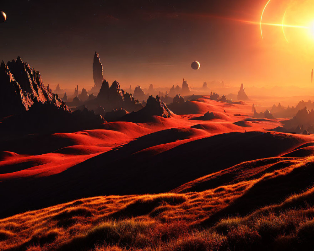 Crimson alien landscape with sand dunes and celestial bodies