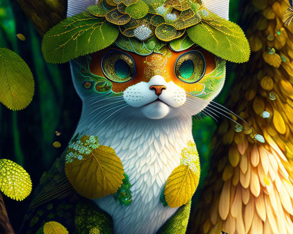 Vibrant digital artwork of anthropomorphic cat with ornate headgear in lush green setting