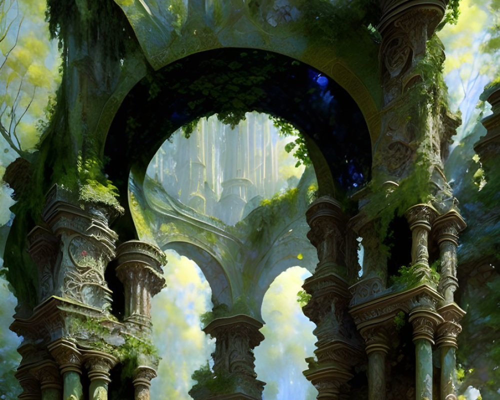 Enchanting forest with ancient ruins and towering trees