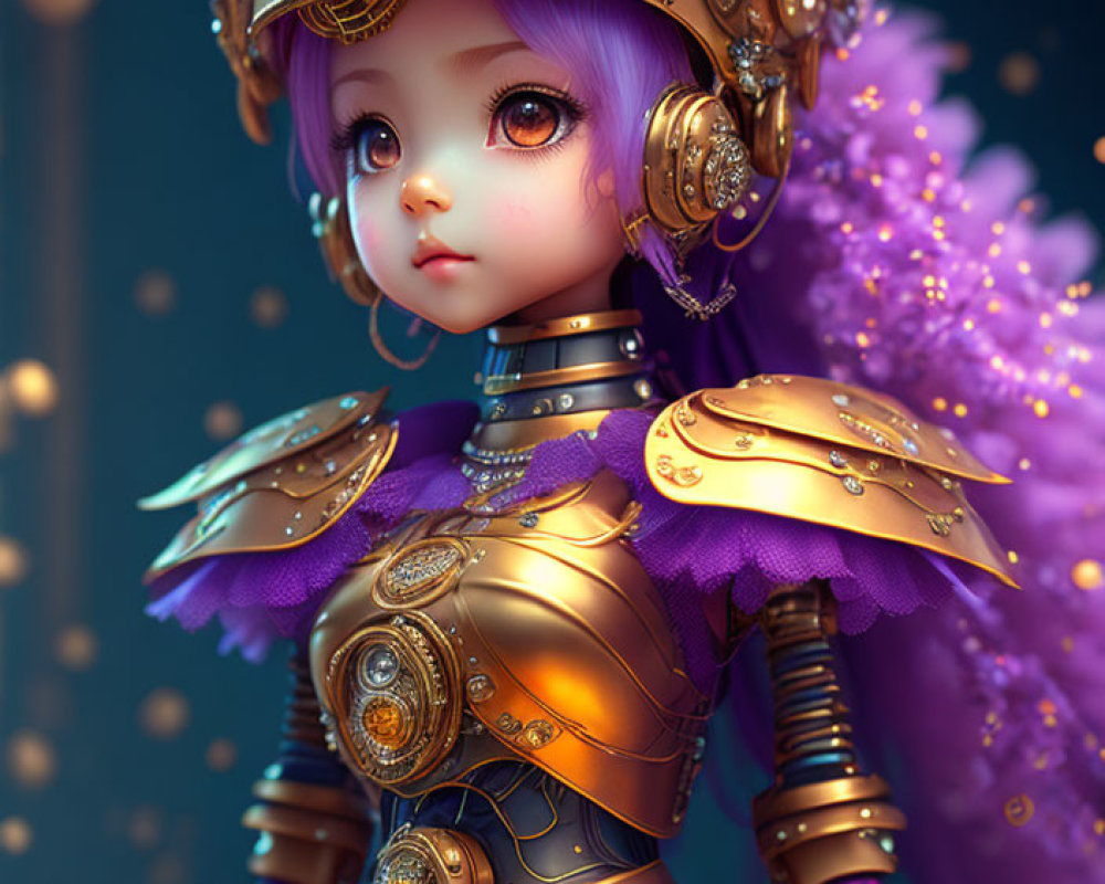 Detailed CG image: Character in ornate golden armor with purple accents, intricate designs, and feathered