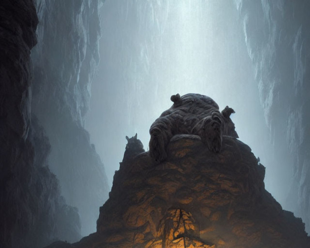 Group of explorers in cave with towering rock formation and mysterious creature