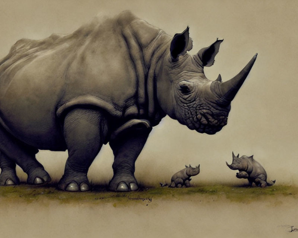 Monochromatic Family of Rhinoceros Sketch on Textured Background
