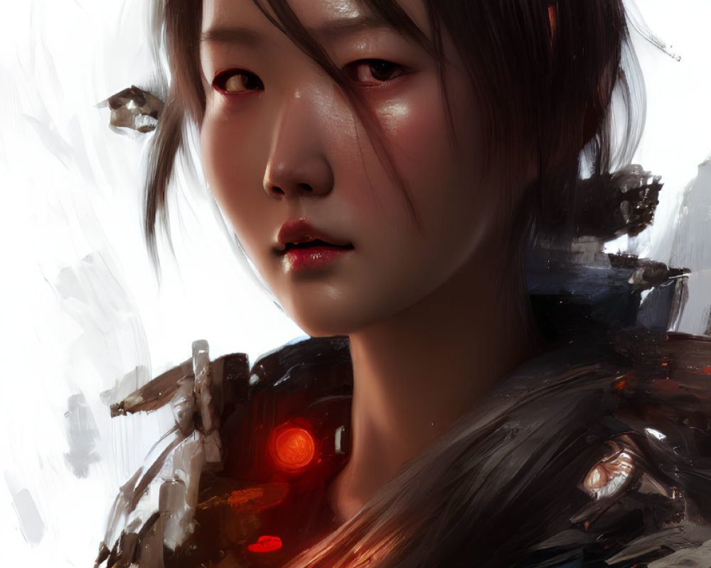 Futuristic digital portrait of a woman with glowing red element and armored shoulder piece