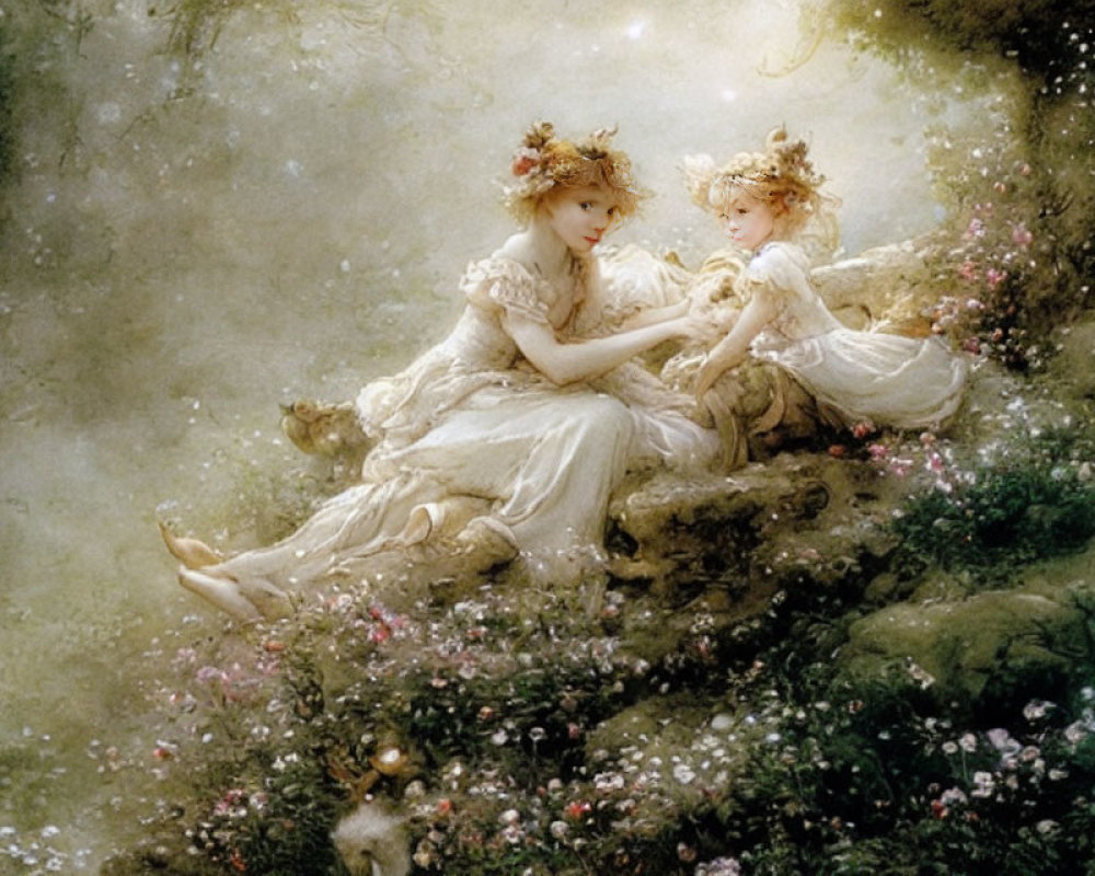 Ethereal women in white gowns amid enchanted forest glade