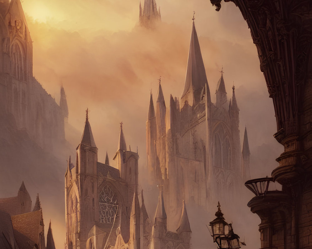 Medieval cityscape with spires, stone bridge, and street lamp at sunset