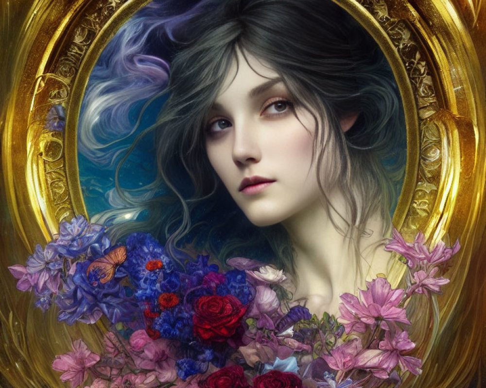Fantasy portrait of woman with flowing hair and bouquet in ornate golden frame