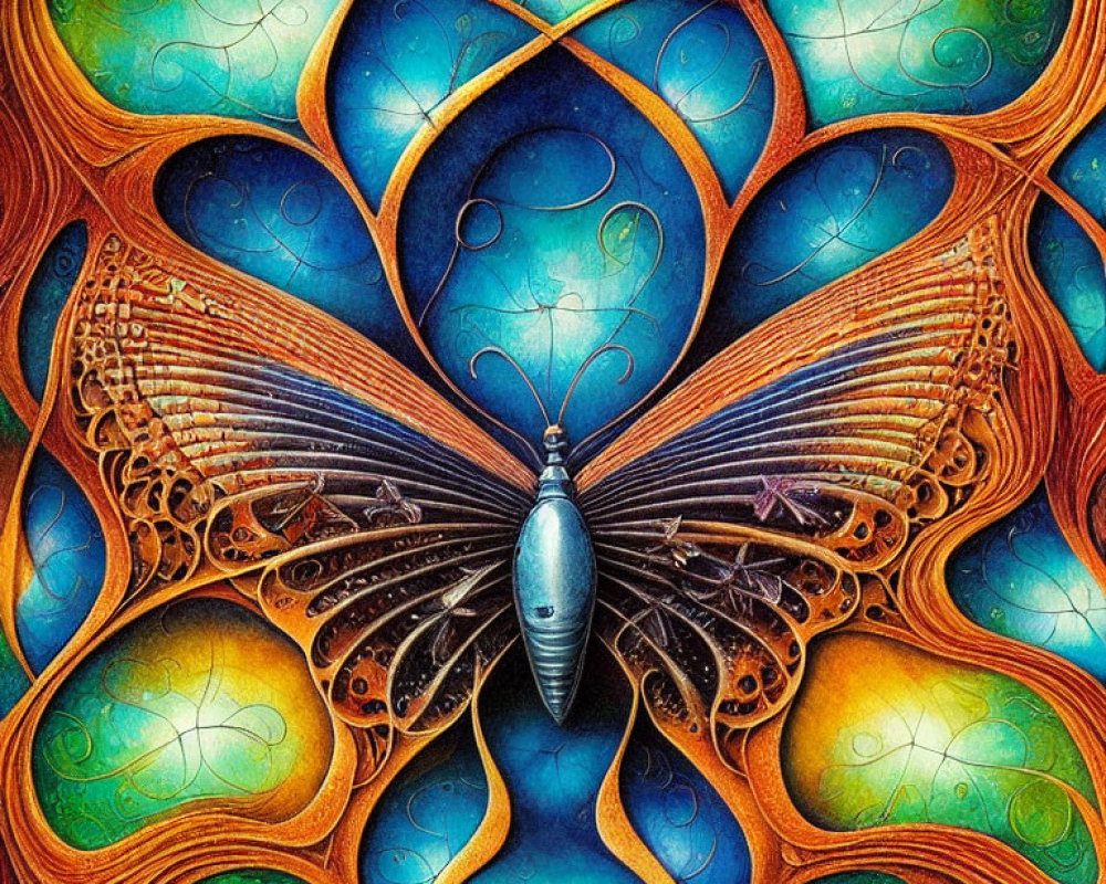 Symmetrical, vibrant butterfly artwork with intricate patterns
