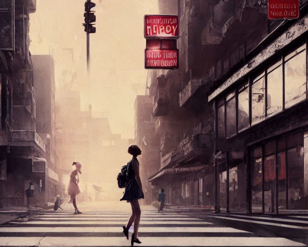 Girl with umbrella in foggy dystopian cityscape with neon signs