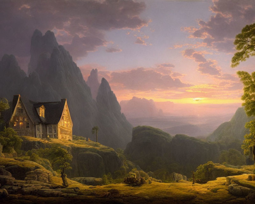 Tranquil landscape: house in mountains under sunset sky