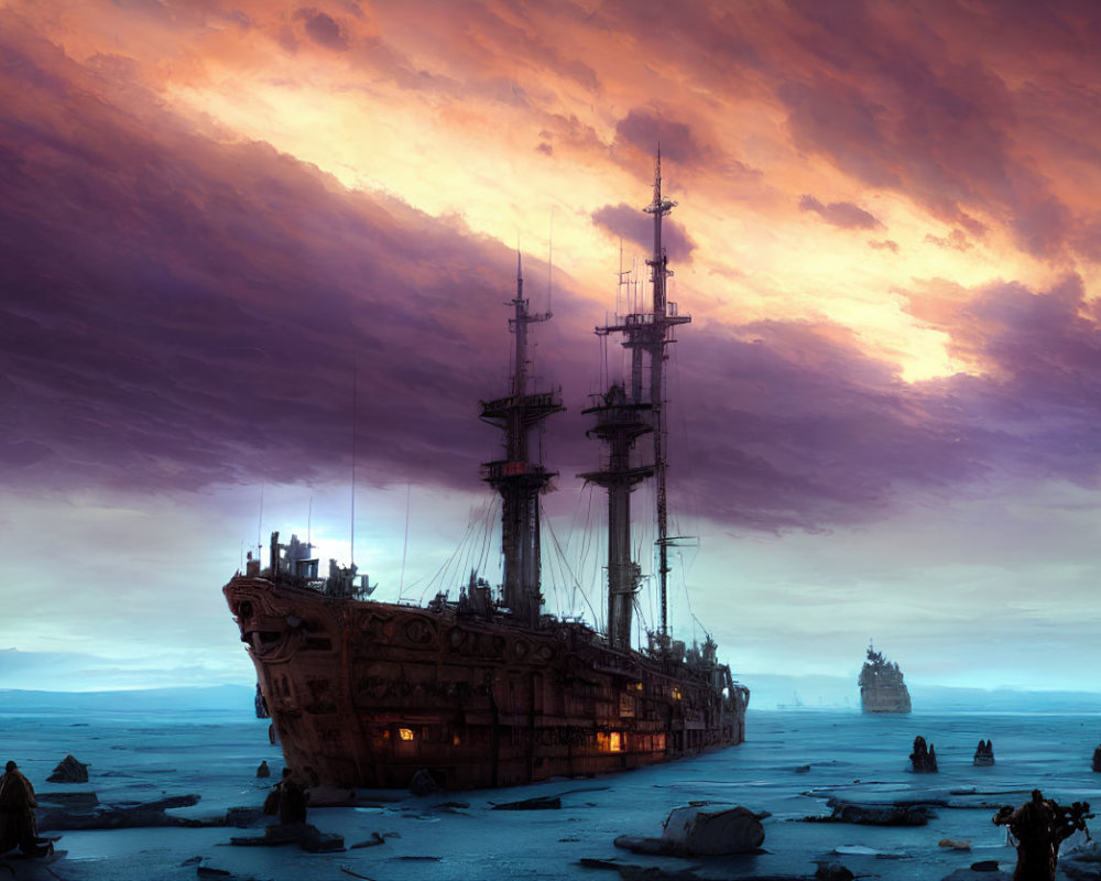 Abandoned ship on desolate plain at sunset