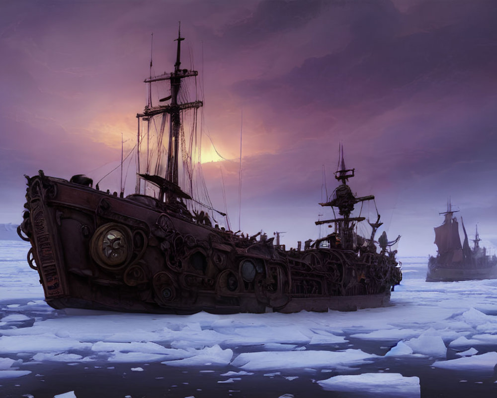 Ornate ships trapped in icy waters under a dusky purple sky