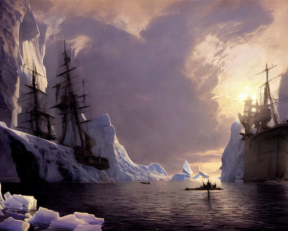 Sailing ships in icy waters under purple sunset sky