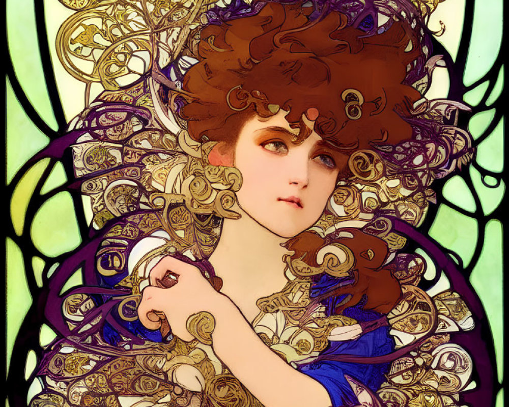 Woman with voluminous curly hair in Art Nouveau style illustration