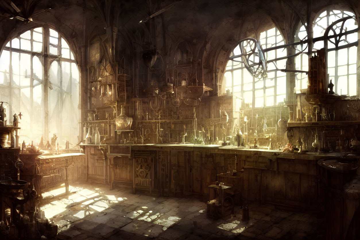 Mystical alchemist's laboratory with ancient books and glassware